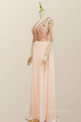 V Neck Rose Gold Sequin and Chiffon Long Corset Bridesmaid Dress outfit, Prom Dress2027