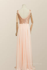 V Neck Rose Gold Sequin and Chiffon Long Corset Bridesmaid Dress outfit, Prom Dressed 2027