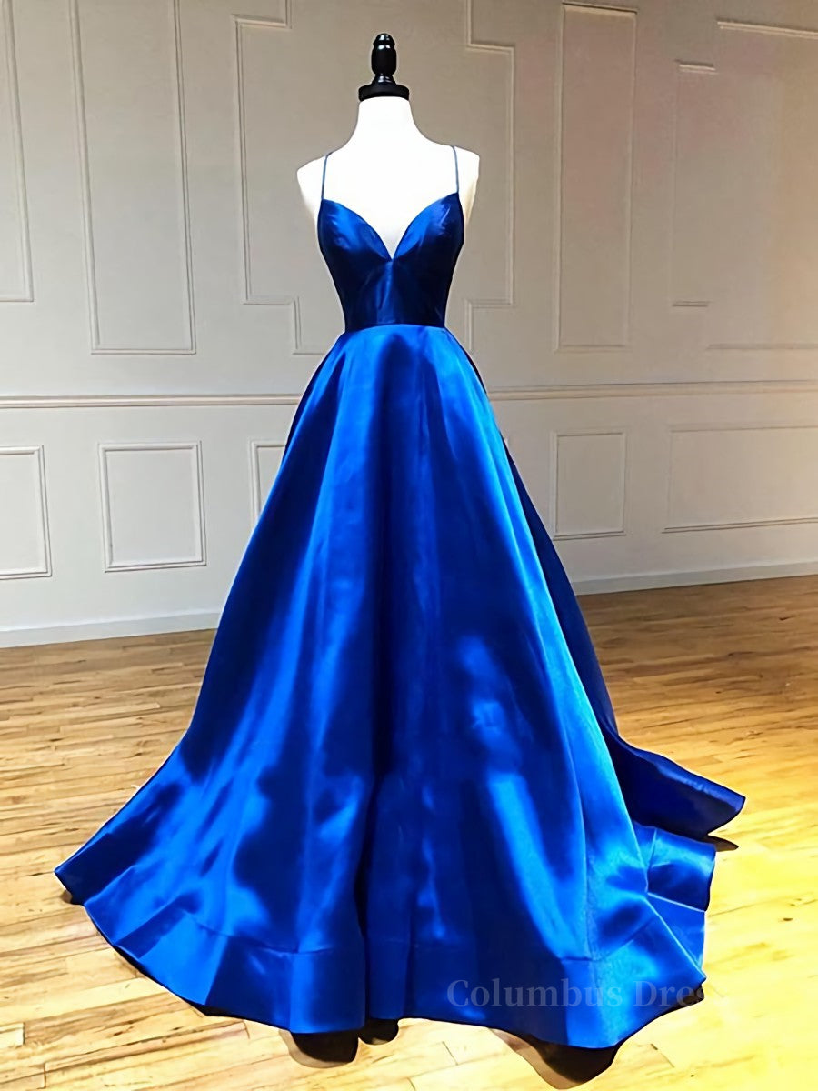 V Neck Royal Blue Backless Corset Prom Dresses, Royal Blue Backless Corset Formal Graduation Evening Dresses outfit, Party Dresses With Sleeves