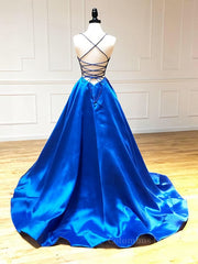 V Neck Royal Blue Backless Corset Prom Dresses, Royal Blue Backless Corset Formal Graduation Evening Dresses outfit, Party Dress Fall