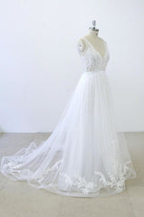 V-neck Ruffle Applqiues Tulle A-line Corset Wedding Dress outfit, Wedding Dresses Under102