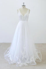 V-neck Ruffle Applqiues Tulle A-line Corset Wedding Dress outfit, Wedding Dress Price