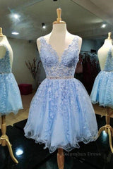 V Neck Short Blue Lace Corset Prom Dresses, Short Blue Lace Corset Formal Corset Homecoming Dresses outfit, Evening Dress Cheap