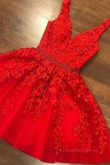 V Neck Short Red Lace Corset Prom Dress with Beadings, Short Red Lace Corset Formal Graduation Corset Homecoming Dress outfit, Formal Dresses For Black Tie Wedding
