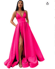 V-Neck Slit Satin Long Corset Prom Dress Spaghetti Strap Evening Corset Ball Gown with Pockets Gowns, Chiffon Dress