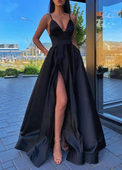 V-Neck Slit Satin Long Corset Prom Dress Spaghetti Strap Evening Corset Ball Gown with Pockets Gowns, Ethereal Dress
