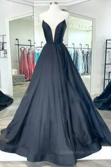 V Neck Strapless Black Satin Long Corset Prom Dresses, Strapless Black Corset Formal Dresses, Long Black Evening Dresses outfit, Formal Dress Party Wear