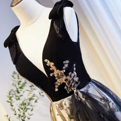 V-neckline Black Tulle with Velvet Top Long Evening Dress Party Dress, A-line Corset Wedding Party Dress Outfits, Wedding Dressed Long Sleeve