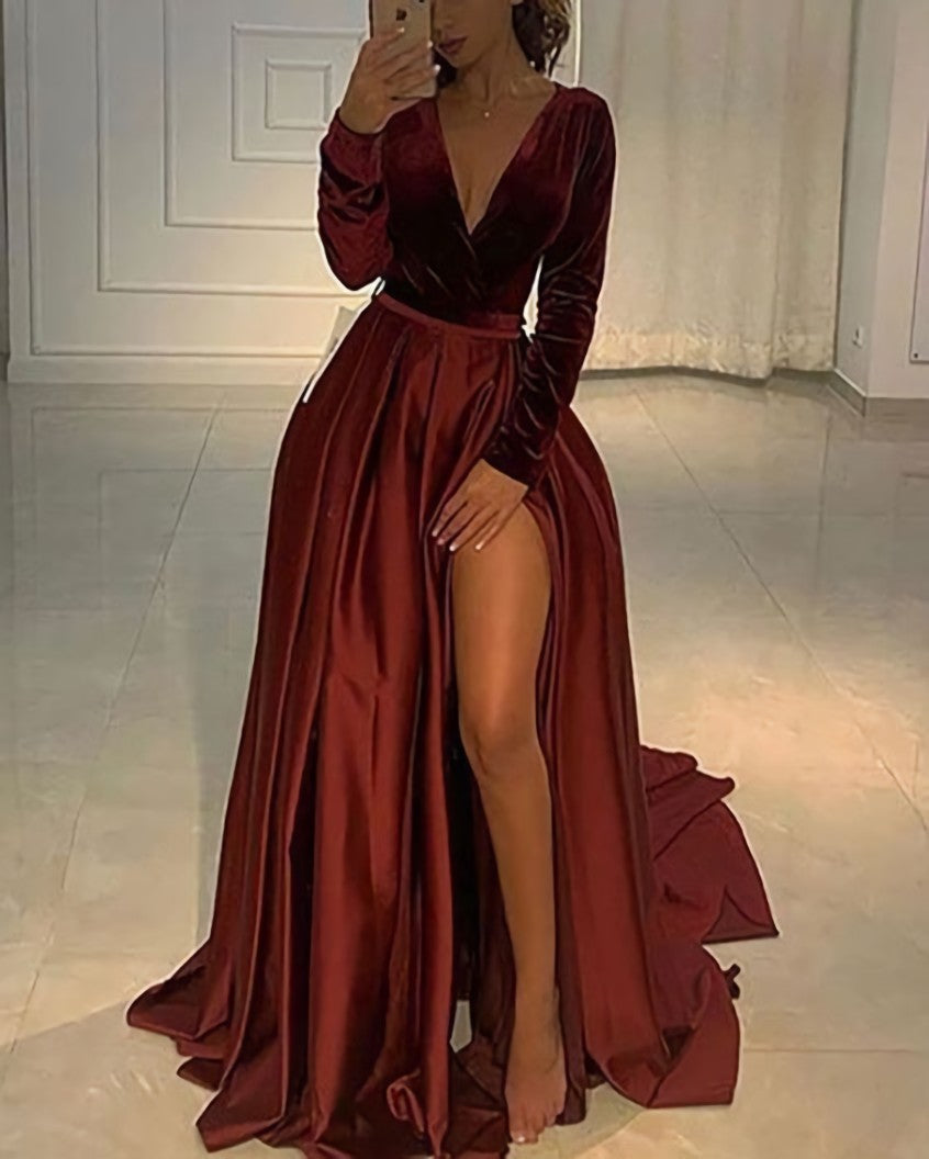 V Neckline Velvet Bodice Burgundy Corset Prom Dress Sexy Leg Slit outfit, Formal Dresses For Weddings Mother Of The Bride