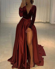 V Neckline Velvet Bodice Burgundy Corset Prom Dress Sexy Leg Slit outfit, Formal Dresses For Weddings Mother Of The Bride