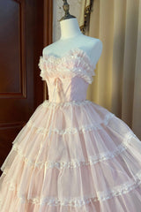 Pink Strapless Layers Tulle Long Party Dress, Glam Corset Prom Dress Corset Formal Gown outfit, Bridesmaid Dress Website