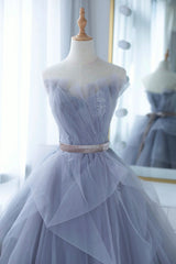 Blue Tulle Lace Long Corset Prom Dress, A-Line Strapless Evening Gown outfits, Party Dress Lace