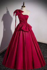 Burgundy Satin Long Corset Prom Dress, One Shoulder Evening Dress with Bow outfit, Formal Dress For Woman