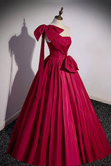 Burgundy Satin Long Corset Prom Dress, One Shoulder Evening Dress with Bow outfit, Formal Dresses Long Sleeve