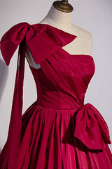 Burgundy Satin Long Corset Prom Dress, One Shoulder Evening Dress with Bow outfit, Formal Dresses Black