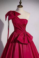 Burgundy Satin Long Corset Prom Dress, One Shoulder Evening Dress with Bow outfit, Formal Dress Black