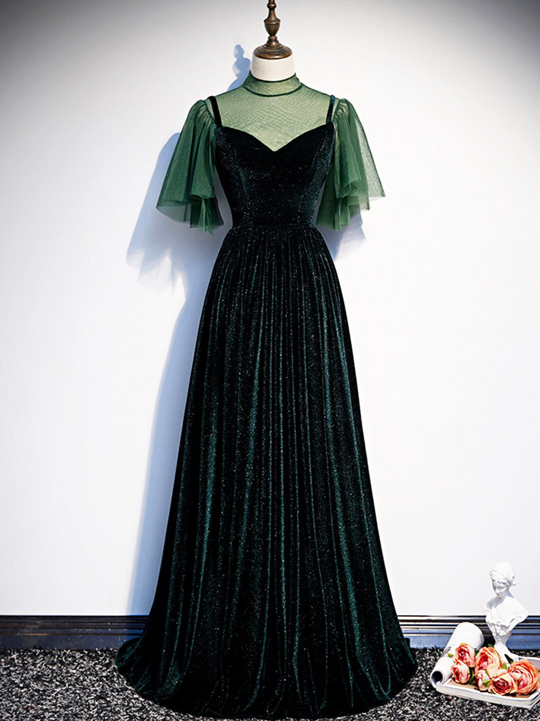 Green Velvet Long Corset Prom Dress, Elegant A-Line Green Evening Dress outfit, Prom Dress Corset Ball Gown