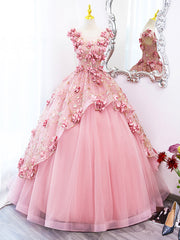 Pink Tulle Long Corset Prom Dress with Flowers, Beautiful A-Line Sweet 16 Dress outfit, Bridesmaids Dresses Red