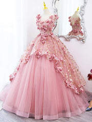 Pink Tulle Long Corset Prom Dress with Flowers, Beautiful A-Line Sweet 16 Dress outfit, Wedding