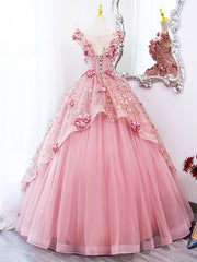 Pink Tulle Long Corset Prom Dress with Flowers, Beautiful A-Line Sweet 16 Dress outfit, Bridesmaid Dress Navy Blue