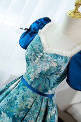 Blue Printed Long A-Line Corset Prom Dress, Elegant Short Sleeve Corset Formal Dress outfit, Bridesmaid Dresses Photos Gallery