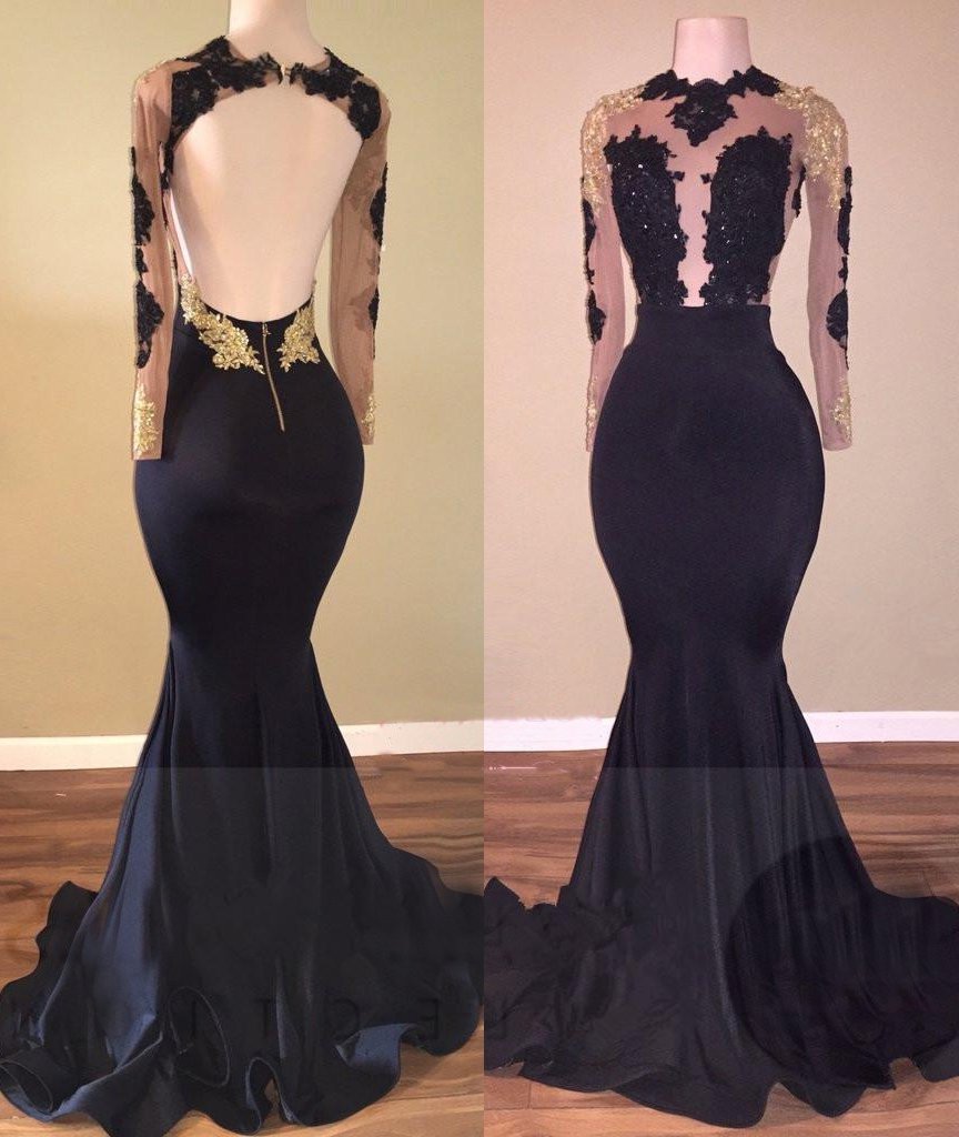 2024 Black Mermaid Backless Long Sleeves Corset Prom Dresses outfit, Bridesmaid Dresses Near Me