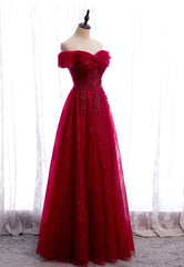 Burgundy Lace Long Corset Prom Dresses, A-Line Off the Shoulder Evening Dresses outfit, Strapless Dress