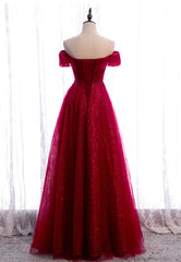 Burgundy Lace Long Corset Prom Dresses, A-Line Off the Shoulder Evening Dresses outfit, Cocktail Dress Prom