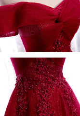 Burgundy Lace Long Corset Prom Dresses, A-Line Off the Shoulder Evening Dresses outfit, Prom Inspo