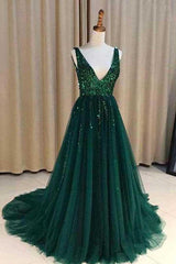 Chic A-Line V Neck Backless Dark Green Tulle Corset Prom Dress with Sequins Evening Dresses outfit, Prom Dresses On Sale