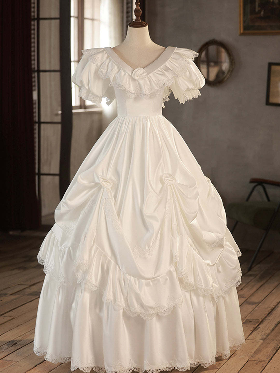 White V-Neck Satin Long Corset Prom Dress, Lace Corset Wedding Dress outfit, Wedding Dress Couture