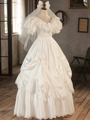 White V-Neck Satin Long Corset Prom Dress, Lace Corset Wedding Dress outfit, Wedding Dress For Over 55