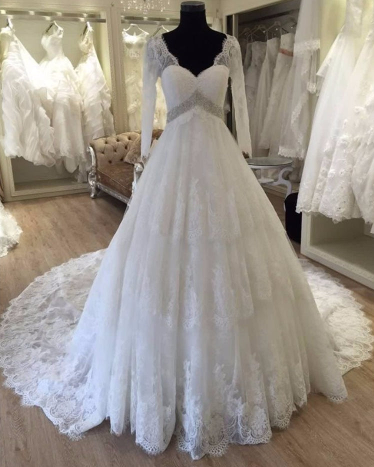 2024 Gorgeous A Line Long Sleeves V Neck Corset Wedding Dresses outfit, Wedding Dresses Romantic