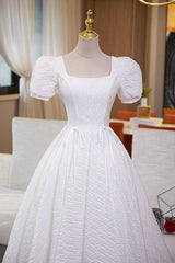 White A-Line Corset Homecoming Dress, Cute Short Sleeve Evening Dress outfit, Homecoming Dress Pockets