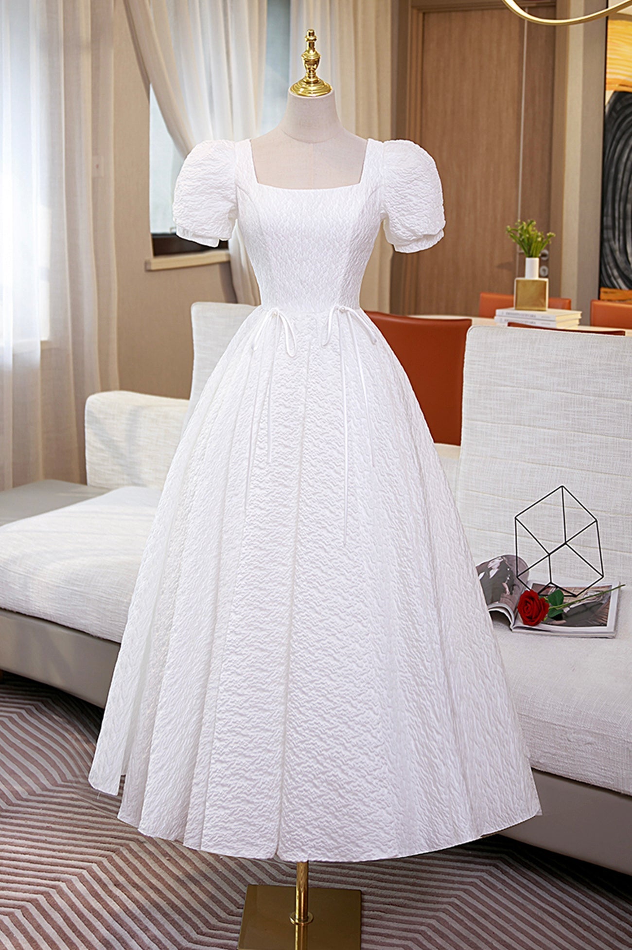 White A-Line Corset Homecoming Dress, Cute Short Sleeve Evening Dress outfit, Homecoming Dresses Pockets