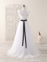 White A-Line Lace Tulle Long Corset Prom Dress, White Evening Dress outfit, Party Dresses And Jumpsuits