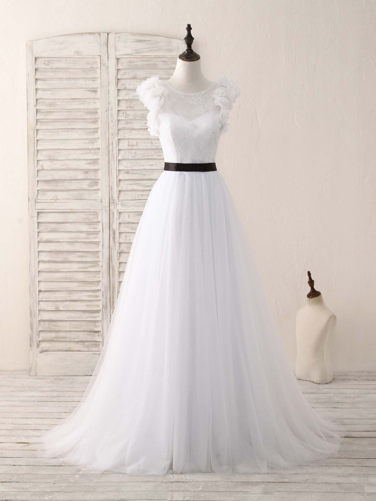 White A-Line Lace Tulle Long Corset Prom Dress, White Evening Dress outfit, Prom Dress 2036