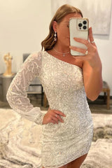 White Beaded Sequins One Shoulder Tight Corset Homecoming Dress outfit, White Beaded Sequins One Shoulder Tight Homecoming Dress