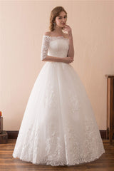White Lace Long Sleeves Off Shoulder Strapless A Line Floor Length Corset Wedding Dresses outfit, Weddings Dress Online