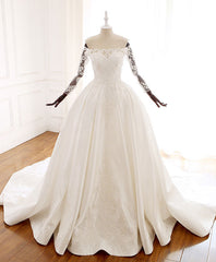 White Lace Satin Long Corset Wedding Dress, Lace Satin Long Bridal Gown outfit, Wedding Dress Lace A Line