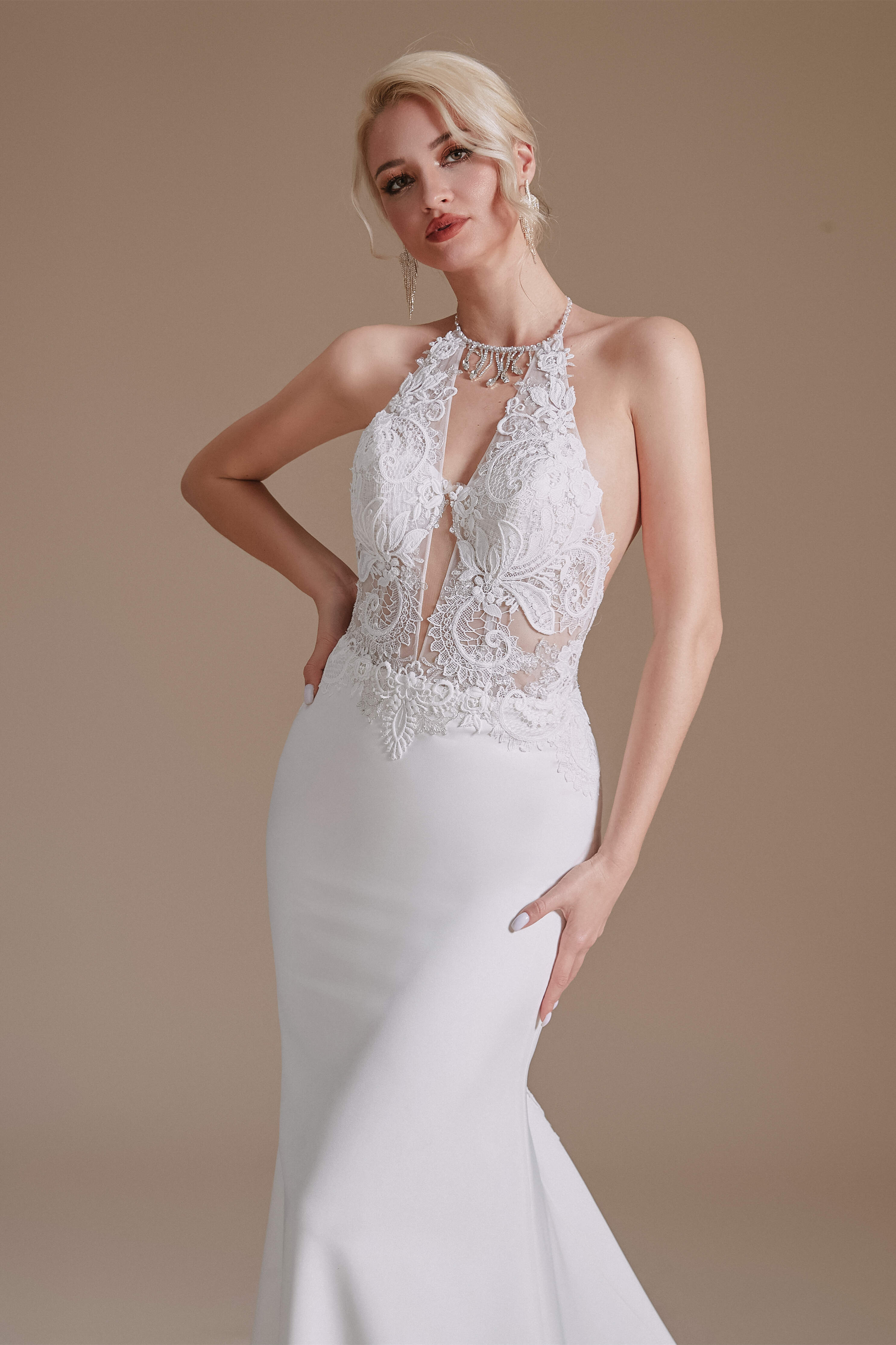 White Mermaid Halter Backless Sweep Train Corset Wedding Dresses with Lace Outfits, Wedding Dress Classy