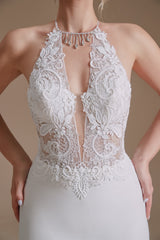 White Mermaid Halter Backless Sweep Train Corset Wedding Dresses with Lace Outfits, Wedding Dresses Classy