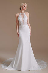 White Mermaid Halter Backless Sweep Train Corset Wedding Dresses with Lace Outfits, Wedding Dresses Costs