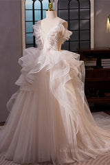 White Off-Shoulder Ruffle Layers A-line Long Corset Prom Dress outfits, Prom Dress Long Sleeve Ball Gown