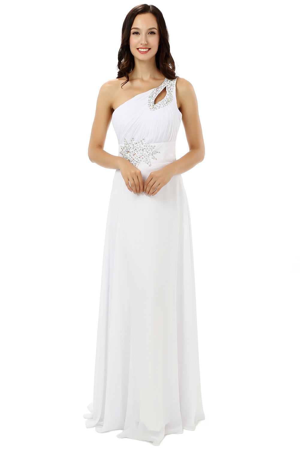 White One Shoulder Chiffon Pleats Beading Corset Bridesmaid Dresses outfit, Party Dress Teen