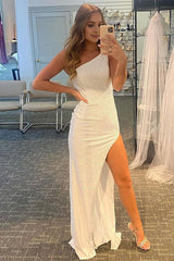 White One Shoulder Sequins Corset Prom Dress with Slit Gowns, White One Shoulder Sequins Prom Dress with Slit