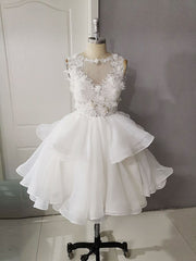 White Round Neck Tulle Lace Short Corset Prom Dress, Puffy White Lace Corset Homecoming Dress outfit, Prom Dress Sleeve