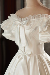 White Satin Lace Off Shoulder Corset Prom Dress, White Evening Dress, Corset Wedding Dress outfit, Wedding Dresses Sleeve Lace