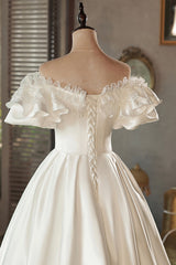 White Satin Lace Off Shoulder Corset Prom Dress, White Evening Dress, Corset Wedding Dress outfit, Wedding Dress Sleeve Lace