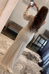 White Sequins One Shoulder Corset Prom Dress with Slit Gowns, White Sequins One Shoulder Prom Dress with Slit